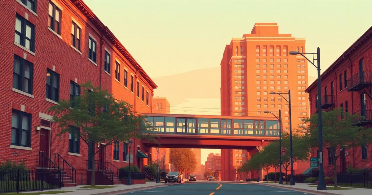 Chicago residential street with brick buildings and an elevated train bridge